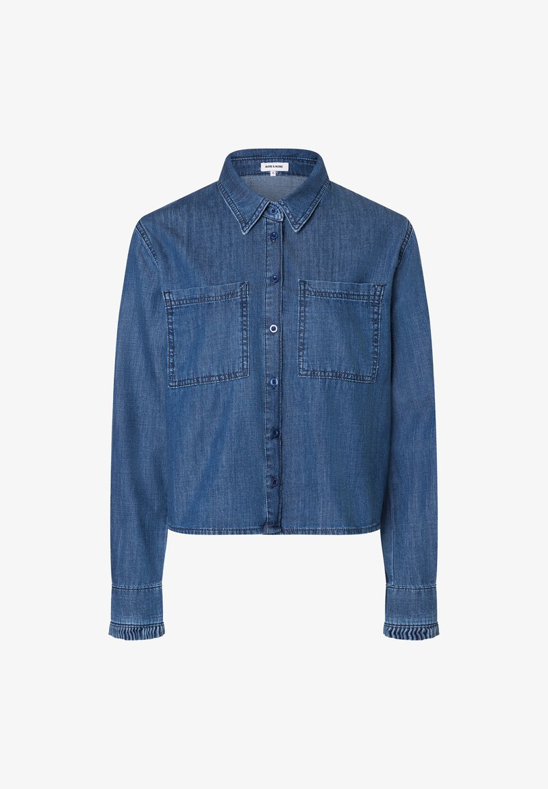 Korte denim blouse in donkerblauw, met twee voorzakken, een knoopsluiting en een klassieke kraag. Gestructureerde stof met manchetdetails.