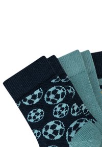 Due paia di calzini: uno blu navy con motivi a pallone da calcio azzurri, l'altro azzurro pastello. Bordo a coste testurizzato; materiale morbido a maglia.