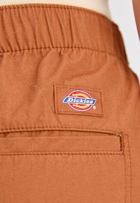 Rjavi krpani kratki hlače z elastičnim pasom in zadnjim žepom, ki nosi večbarvno oznako "Dickies". Gladka tekstura.