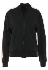 Sort zip-up bomberjakke med cremefarvede striber langs ærmerne samt ribbede manchetter og kant. Den har for- lommer og en rund halskrave.