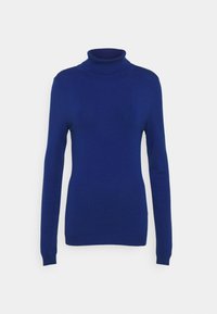 Niebieski sweter z golfem wykonany z miękkiego, lekkiego materiału. Posiada długie rękawy oraz prążkowany dekolt w dopasowanej sylwetce.