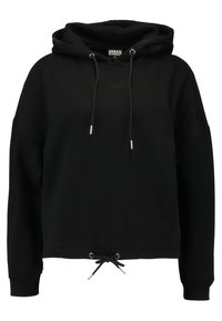 Sudadera con capucha negra hecha de tejido suave, con capucha ajustable con cordones, detalles en hardware plateado y un corte relajado con cintura ceñida.