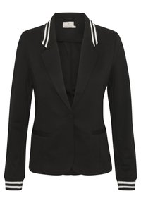 Musta bleiseri, jossa on ryhdikäs muotoilu ja valkoiset viivaraidat kauluksessa ja kalvosimissa. Kaksi etutaskua ja yksinäppäin suljenta.