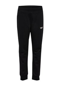 Zwarte sweatpants van zacht materiaal, met een slim fit, elastische tailleband en zijzakken met rits. Klein logo op de voorkant.