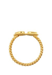 Guld, vriden ring med två släta, rundade accenter i toppen och pärlformad detalj längs kanten av ringen.