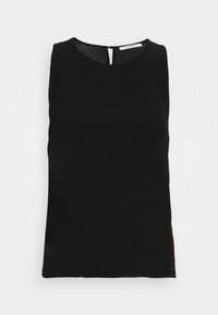 Top negro sin mangas con escote redondo y apertura en la espalda tipo ojal, hecho de una tela suave, con un diseño simple y minimalista.