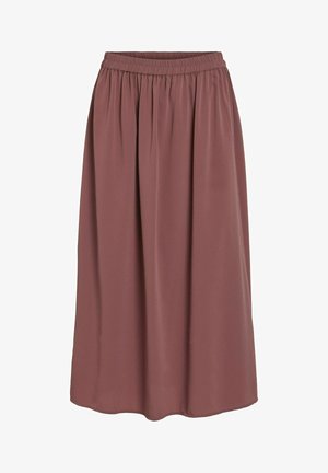 Ein langer, fließender Rock in einem satten Mauve-Ton, gefertigt aus weichem Stoff mit einem elastischen Bund und subtilen Falten.