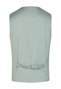 Himmelblaues, ärmelloses Weste mit glatter Textur, tailliertem Schnitt und einem Gurtbandschnalle-Detail auf der Rückseite. Einfaches und minimalistisches Design.