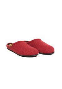 Red felt slippers with a soft, textured surface. Rounded shape, open back design, and black rubber sole. Small logo accent on the side.