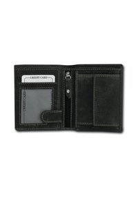 Black leather wallet with multiple card slots, a zippered compartment, and white stitching accents. Interior features a textured design.