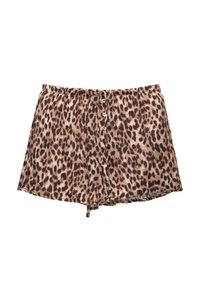 Šortky s leopardím vzorem z měkké látky, vybavené elastickým pasem, stahovacím šňůrkou a knoflíkovým zapínáním vpředu.