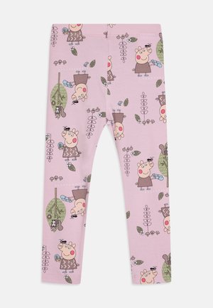 Leggings rosa con un motivo ripetuto di personaggi dei cartoni, foglie e fiori in vari colori. Tessuto morbido e con elasticità.