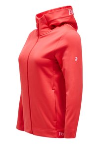 Rode sportieve hoodie met hoge kraag en volledige rits. Heeft een logo op de mouw en is gemaakt van een gladde, rekbare stof.