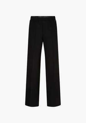 Zwarte wijde broek met elastische tailleband en voorvouwdetail, ontworpen voor een comfortabele en stijlvolle pasvorm.