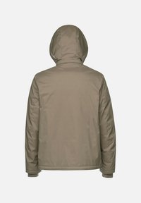 Giacca imbottita di un beige tenue, con cappuccio, maniche lunghe e una texture liscia senza hardware o logo visibili sulla schiena.