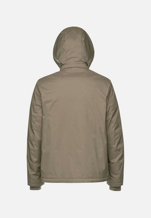 Giacca imbottita di un beige tenue, con cappuccio, maniche lunghe e una texture liscia senza hardware o logo visibili sulla schiena.