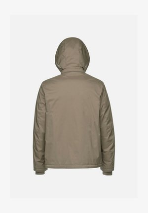 Giacca imbottita di un beige tenue, con cappuccio, maniche lunghe e una texture liscia senza hardware o logo visibili sulla schiena.