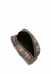 Ritstas met een donkergrijze stoffen buitenkant met een patroon van tan-tijgers. De binnenkant is gevoerd met zwart en biedt voldoende opbergruimte.