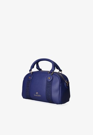 Kleine dunkelblaue Lederhandtasche mit doppelten Griffen, goldenem Reißverschluss und "braccialini"-Logo auf der Vorderseite.