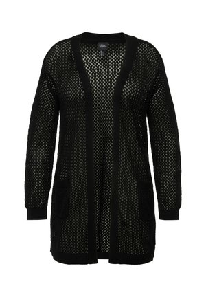 Zwarte opengehaakte cardigan met lange mouwen, geribbelde manchetten en zakken. Heeft een losse, luchtige uitstraling met een V-hals.