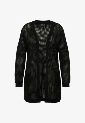 Zwarte opengehaakte cardigan met lange mouwen, geribbelde manchetten en zakken. Heeft een losse, luchtige uitstraling met een V-hals.