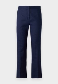 Navy blue tailored trousers made of a smooth fabric, featuring a straight leg design, front pleats, and a fitted waistband.