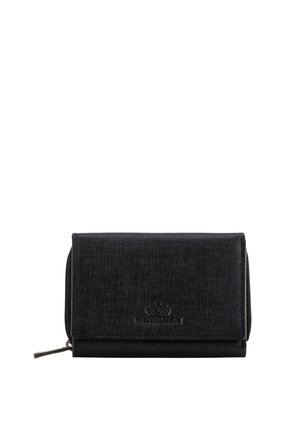 Cartera de cuero negro con textura, con solapa, cremallera lateral y logo de Wittchen grabado en el centro del frente.