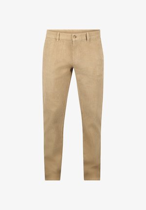 Beige slim-fit ribfluweel broek met knoop- en ritssluiting, riemlussen en zijzakken, tentoongesteld tegen een witte achtergrond.