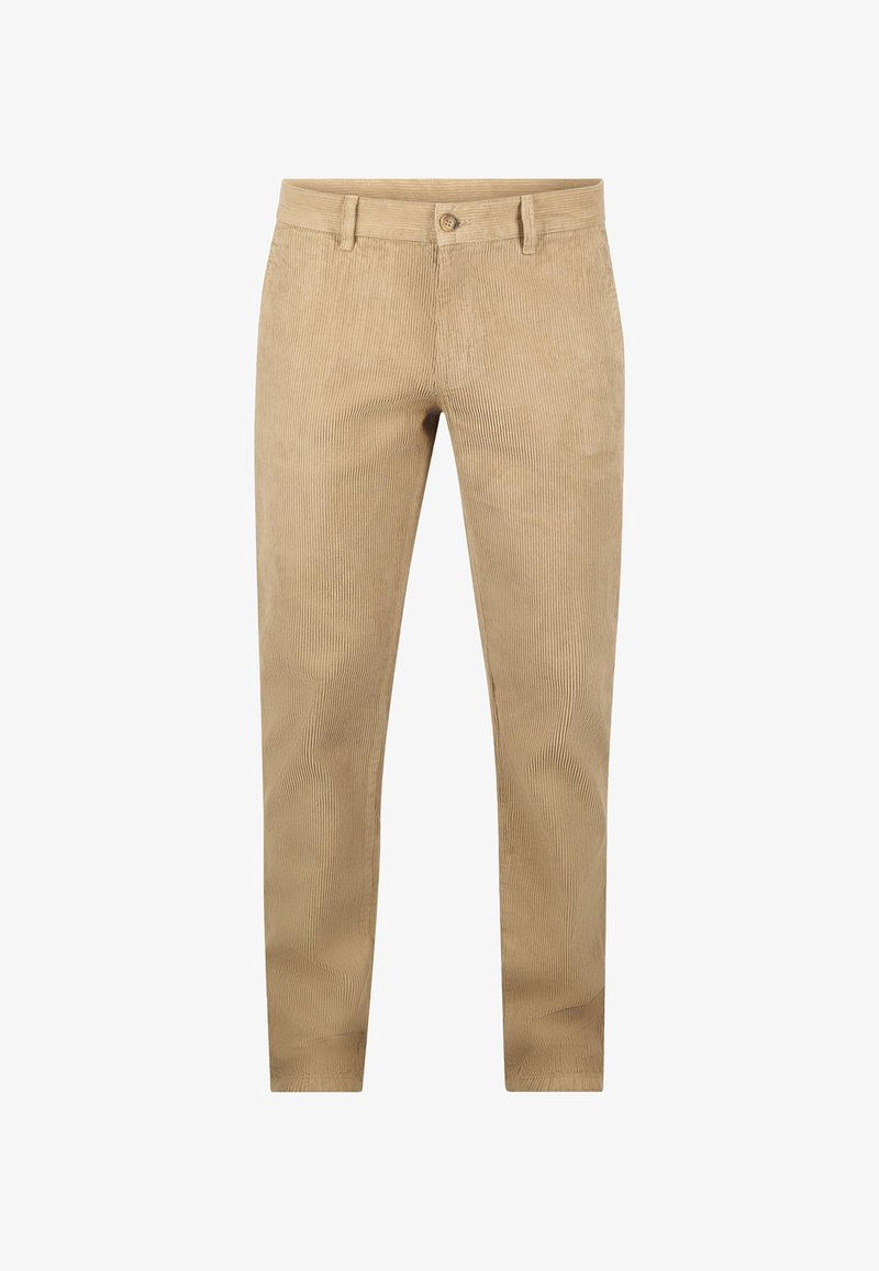 Beige slim-fit ribfluweel broek met knoop- en ritssluiting, riemlussen en zijzakken, tentoongesteld tegen een witte achtergrond.