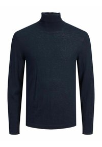 Maglione a collo alto navy in un tessuto morbido e leggero. Presenta maniche lunghe e un colletto aderente, con una texture liscia e un design minimalista.