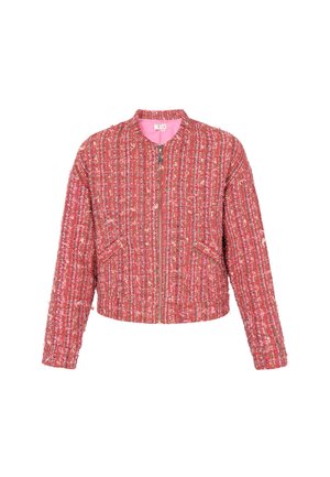 Giacca bomber testurizzata rossa e rosa con motivo a costine, chiusura con zip, colletto rotondo e tasche laterali. Interno foderato.