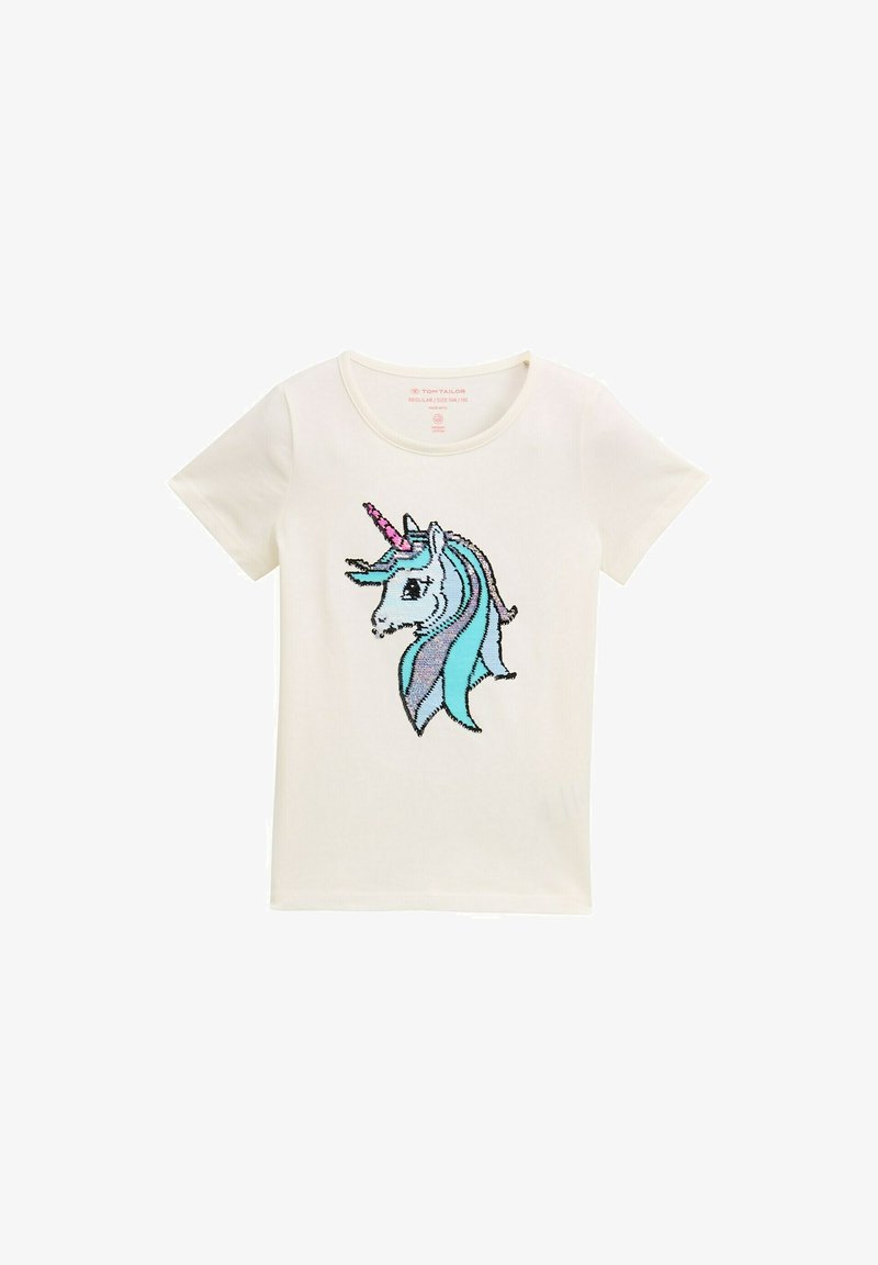 T-shirt bianca a maniche corte con design di unicorno decorato con paillettes multicolori in blu, rosa e argento. Tessuto di cotone morbido.