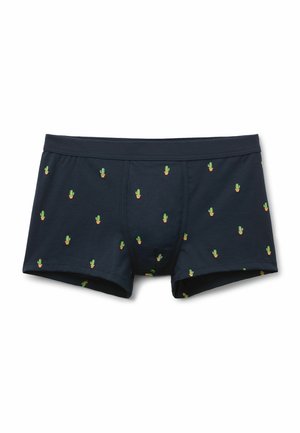 Navyblå herreboxershorts med små grønne kaktusser i orange potter jævnt trykt på stoffet.