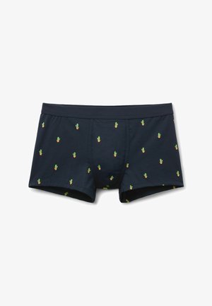 Navyblå herreboxershorts med små grønne kaktusser i orange potter jævnt trykt på stoffet.