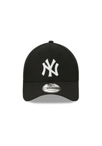 Schwarze verstellbare Baseballmütze mit einem weißen gestickten "NY"-Logo auf der Vorderseite, aus strukturiertem Stoff und mit gebogenem Schirmdesign.