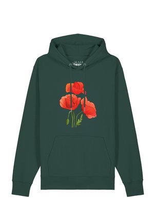 Dunkelgrüner Hoodie mit Fronttasche, auf der ein leuchtend rotes Mohnblumenmotiv zu sehen ist, und Kordeln, die von der Kapuze herunterhängen.