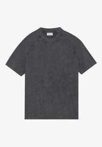Donkergrijze katoenen T-shirt met een ronde halslijn, korte raglanmouwen en een zachte, licht gestructureerde afwerking. Geen zichtbare patronen of versieringen.