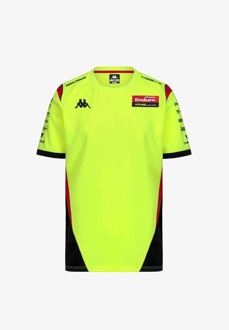 Maillot de course jaune vif avec des accents noirs et rouges, comportant plusieurs logos de sponsors, notamment Kappa et Pertamina Enduro VR46.