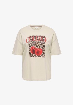 Beige short-sleeve t-shirt featuring a leopard print design with red cherries and the word "COLLEGE" in bold red lettering.
