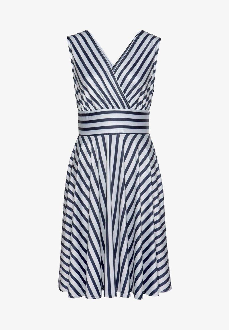 Vestido a rayas con escote en V, amplias rayas en azul marino y blanco, cintura ajustada y falda acampanada. Hecho de una tela suave y ligera.