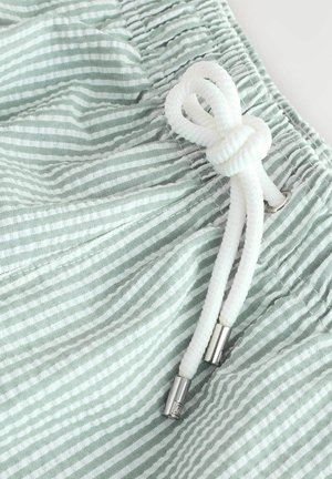 Grüne und weiße gestreifte Stoffshorts mit einem Kordelzugbund, der eine strukturierte Webart aufweist, sowie metallischen Aglets an den Enden des Kordelzugs.