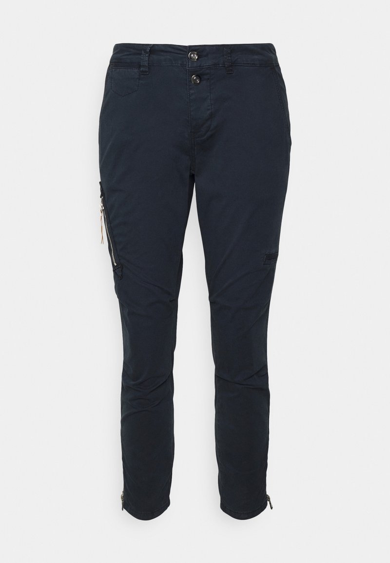Pantalons cargo bleu marine à coupe slim, avec poches zippées sur les côtés et détails zippés aux chevilles. Fabriqués en tissu durable et texturé.