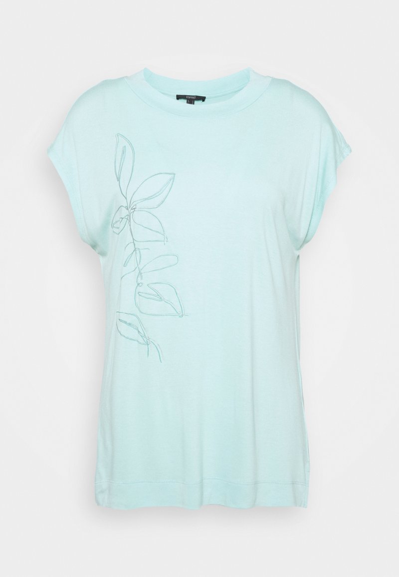 Chemise bleu clair à manches courtes avec un dessin linéaire simple de feuilles sur le côté gauche, col rond et coupe décontractée.