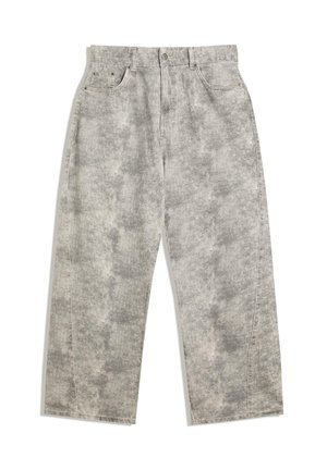Light gray denim pants with a relaxed, wide-leg fit. Features a subtle marbled texture, five pockets, and front button closure.