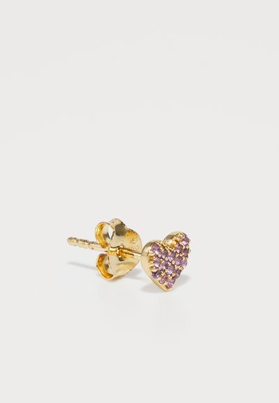 Gold heart-shaped stud earrings with purple gemstones. The front features a cluster of gems, and the back has a standard post and butterfly closure.