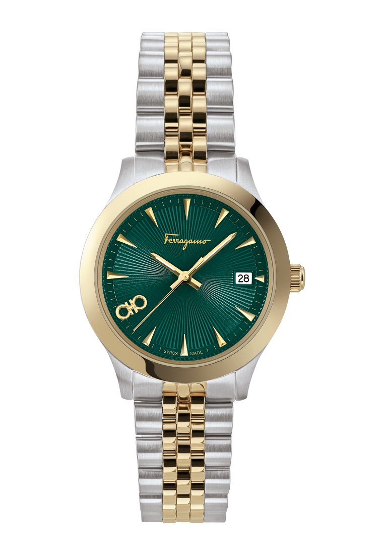 Gold- und silberner Edelstahluhren mit einem grünen strukturierten Zifferblatt, goldenen Stundenmarkierungen und einer Datumsanzeige um 3 Uhr.