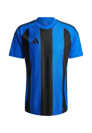 Blauw en zwart gestreept sporttricot gemaakt van ademend materiaal. Kenmerken zijn korte mouwen, een ronde hals en het zwarte Adidas-logo aan de voorkant.