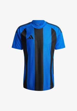 Blauw en zwart gestreept sporttricot gemaakt van ademend materiaal. Kenmerken zijn korte mouwen, een ronde hals en het zwarte Adidas-logo aan de voorkant.
