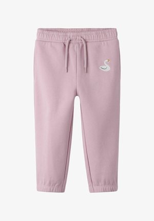 Roze joggingbroek van een katoenmengsel met een elastische tailleband en trekkoord. Voorzien van een witte geborduurde zwaan bij de linkerheup.