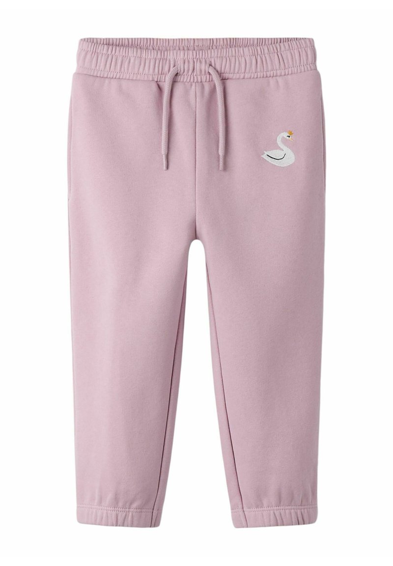 Roze joggingbroek van een katoenmengsel met een elastische tailleband en trekkoord. Voorzien van een witte geborduurde zwaan bij de linkerheup.